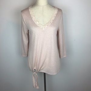 Bobeau Pink 3/4 Sleeve V Neck tie Front Top Sz S